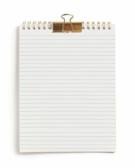 A spiral-bound notepad with a gold binder clip rests on a white background;  lined paper is ready for notes or sketches