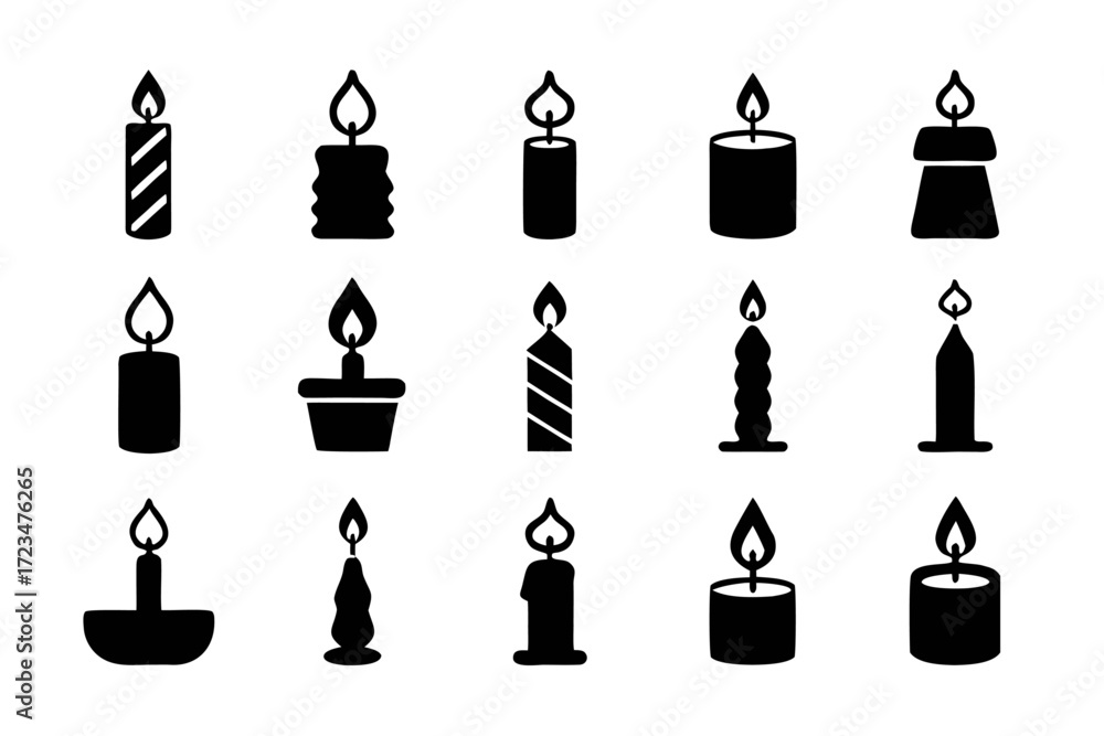 Poster Collection of candle icons, featuring various shapes and sizes, perfect for adding a warm and inviting touch to any design