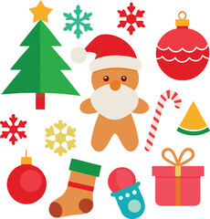 Obraz premium Vector art of creative christmas icons including a gingerbread man, santa hat, christmas tree, gift box, candy cane, snowflake, bauble, and stocking