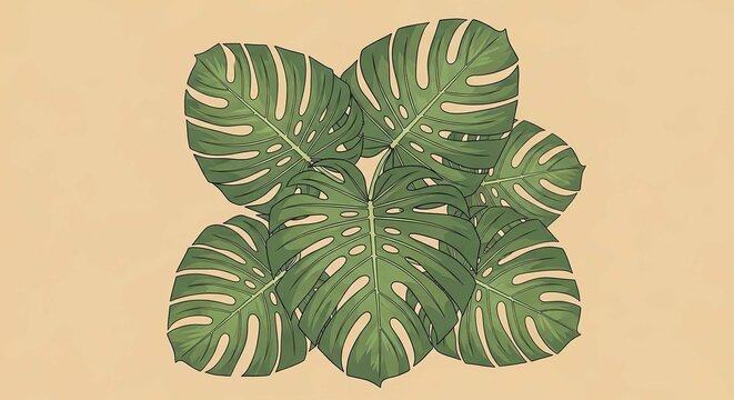Group of monstera leaves on beige background