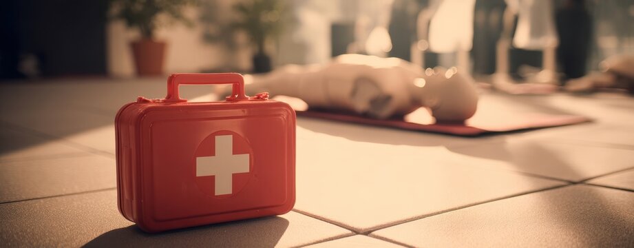 The first aid kit in foreground with CPR dummy and training class background