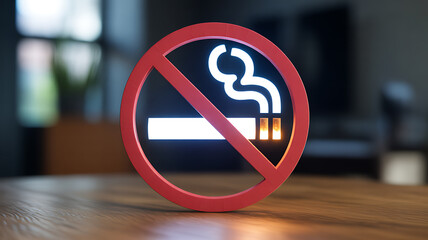 No smoking sign with illuminated cigarette symbol on wooden surface