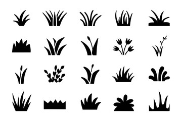 Collection of black grass tuft silhouettes set of different grass clump shapes for landscape design or nature illustration