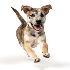 It shows a happy, mixed - breed puppy leaping with its mouth open. Ideal for pet, happiness, or lifestyle visuals, like pet product ads, family - friendly content, or animal rescue campaigns.