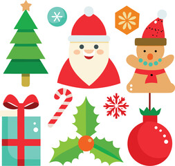 Vector art of collection of flat design christmas icons including a christmas tree, santa claus, gingerbread man, gift box, candy cane, holly, and bauble