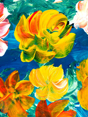 Abstract flowers, original hand drawn, impressionism style, color texture, brush strokes of paint,  art background.
