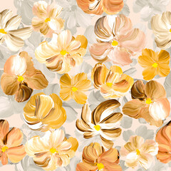 Seamless pattern of abstract flowers, original hand drawn, impressionism style, color texture, brush strokes of paint