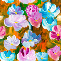 Seamless pattern of abstract blue and pink flowers, original hand drawn, impressionism style, color texture, brush strokes of paint