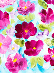 Abstract pink flowers on blue, original hand drawn, impressionism style, color texture, brush strokes of paint, art background.