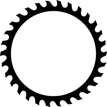 Frame silhouette of circular buzz saw blade with sharp teeth and copy space, vector outline icon for text,woodworking, carpentry, machinery, industrial tools, and cutting equipment.