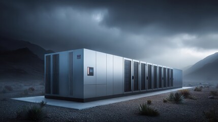 Modern Data Center in Remote Landscape under Dramatic Cloudy Sky