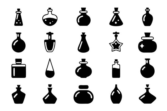 Collection of potion bottle icons set of different potion shapes for magic, alchemy, and witchcraft concept elixir and poison
