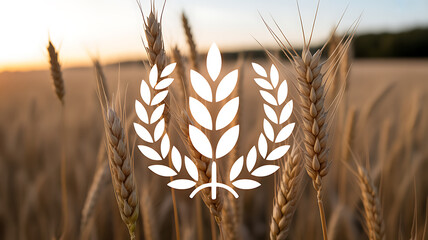 Golden wheat field at sunset with a white laurel wreath overlay