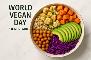 Vibrant world vegan day celebration featuring a healthy and colorful plant based food bowl