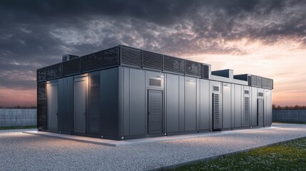 Modern Data Center Structure with Dramatic Sunset Sky Background