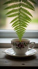 Teacup with Fern, Windowsill, Still Life, Elegant, Nature.
