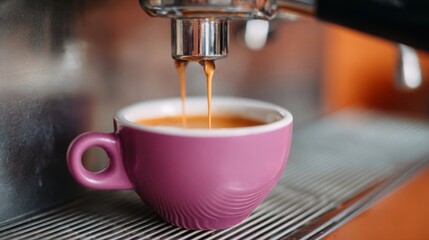Fresh espresso cascades into a magenta cup, invoking Caffeine Awareness Month and the velvety rituals of Italian coffee culture