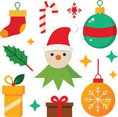Fototapeta premium Vector art of a collection of festive christmas icons including a snowman, stocking, candy cane, gift box, holly leaf, and ornaments, all isolated on a