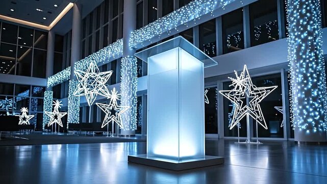 Interior of a modern building with a glowing lectern festive lights and star decorations on a reflective floor
