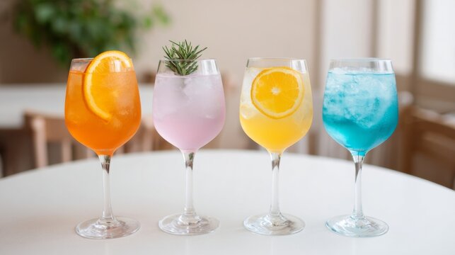 Colorful cocktails sparkle on pristine surfaces, evoking midsummer merriment and the whimsical revelry of quirky national Prosecco Day celebrations