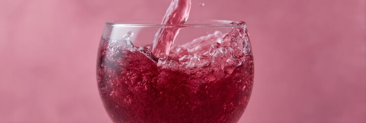 Effervescent ruby liquid splashes in crystal goblet, echoing Bacchanalia's jubilance and the Japanese Hanami's tranquil blossoms