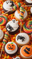 Obraz premium Halloween cupcakes decorated with ghosts, spiders, and pumpkins, surrounded by candy corn and lollipops. Festive treat for Halloween celebrations