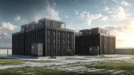 Modern Data Centers with High-Tech Servers under Blue Sky