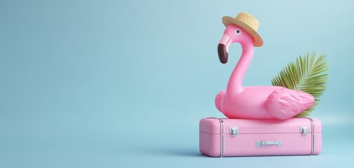 The vibrant flamingo resting on a stylish pink suitcase with a tropical touch.