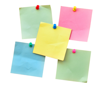 Colorful notes on a cork wall with a pin