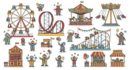 Amusement park rides and clowns vector illustration for carnival fair circus funfair and entertainment design
