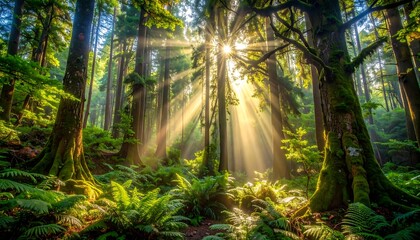 Sunbeams pierce deep forest