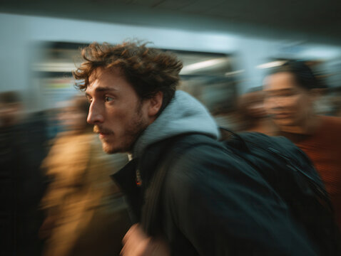 Un giovane uomo che corre di fretta con un'espressione di ansia e stress alla stazione del treno, un concetto di stress e vita urbana frenetica