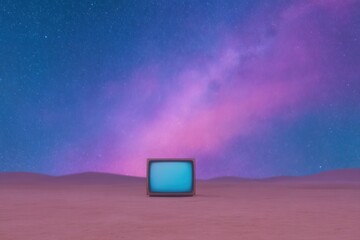 Old television set under a starry night sky in a desert landscape