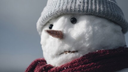 Chilly snowman with a somber gaze, knit beanie snugly perched, echoing Solstice's frosty embrace and Yule's gentle whispers
