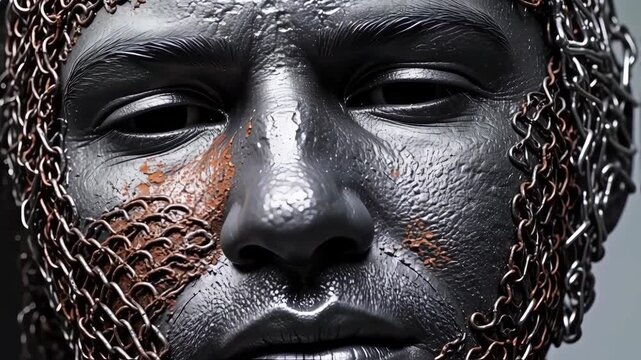 Face adorned with rusty chains