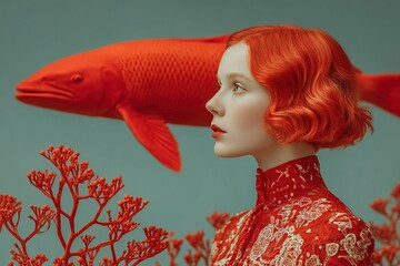 Red-haired model poses gracefully with a large orange fish against a soft blue background in an artistic setup