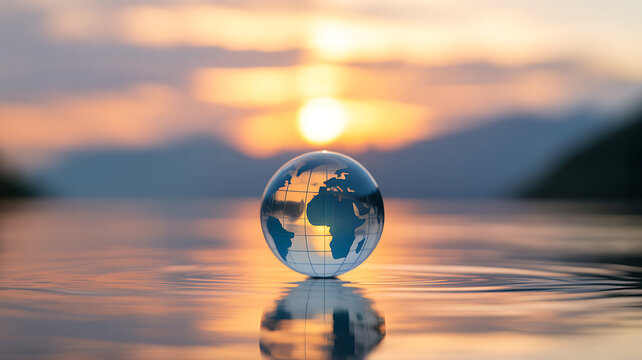 Glass globe floating on water at sunset with reflection and mountain silhouette