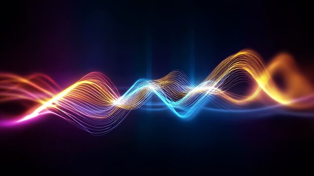 Abstract glowing sound wave background. Dynamic energy flow with orange and blue light particles for music, technology, or data visualization concepts.