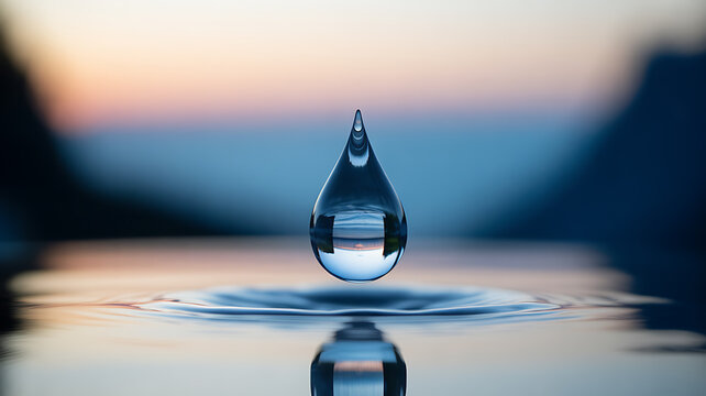 A water droplet suspended above a reflective surface with a serene sunset background