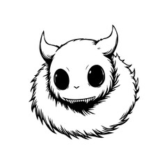 Illustration of a fluffy horned creature with big eyes and a toothy grin in black and white