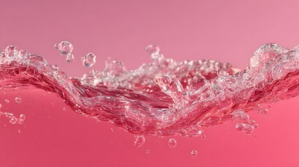 Vibrant splash of pink-colored water with effervescent bubbles rising from below, creating a dynamic wave against a solid light pink background.