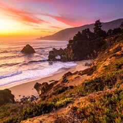 Coastal sunset view with rocky beach