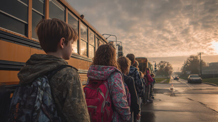 Children waiting in line for school bus early morning with cloudy sky and street lights illuminating the wet pavement in a quiet neighborhood setting.