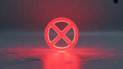 Red circular symbol with cross design glowing on reflective surface