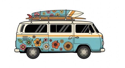 Vintage hippie van with surfboard on top a colorful illustration of a classic campervan with flower power decorations