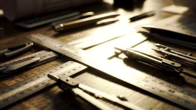 An artistic scene showcasing drafting tools on a wooden workspace in warm lighting, perfect for creative projects.