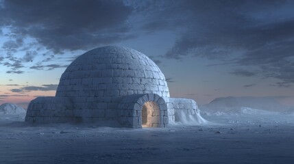 Obraz premium Snowy Igloo in Arctic Landscape at Dusk Under Cloudy Sky