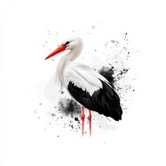 Elegant Stork with Red Beak and Artistic Splash Background