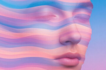 Creative abstract portrait blending face with soft pastel wave patterns in dreamy colors for artistic expression