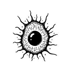 Intricate black and white eye with radiant spiky lines design representing cosmic observation and